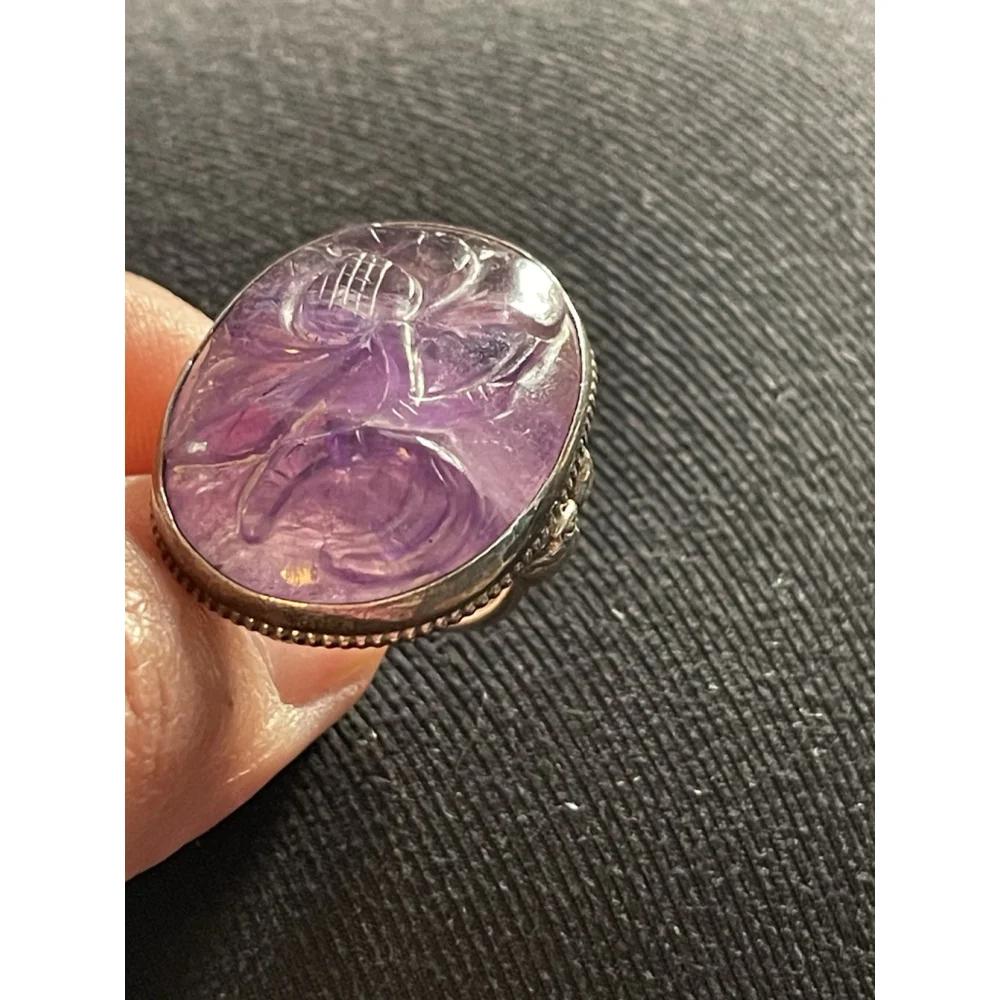 Vintage Hand Carved Amethyst Art Nouveau Silver Flower Ring Sterling 4.5